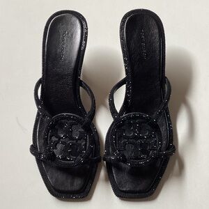 Tory Burch Black Pavé Geo Bombé Miller Kitten Heel Sandals Size 9